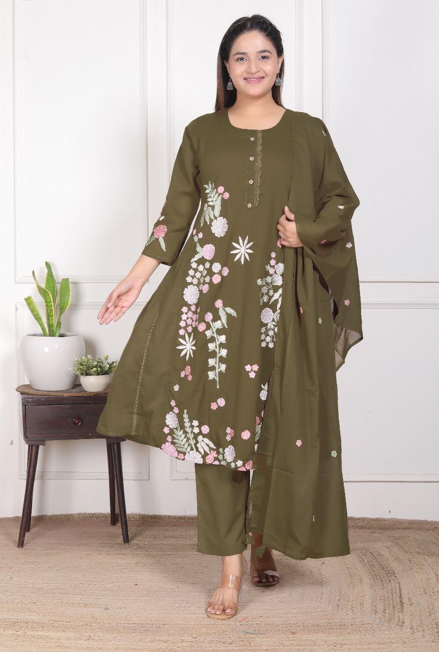 Premium cotton embroidered full suit set in olive
