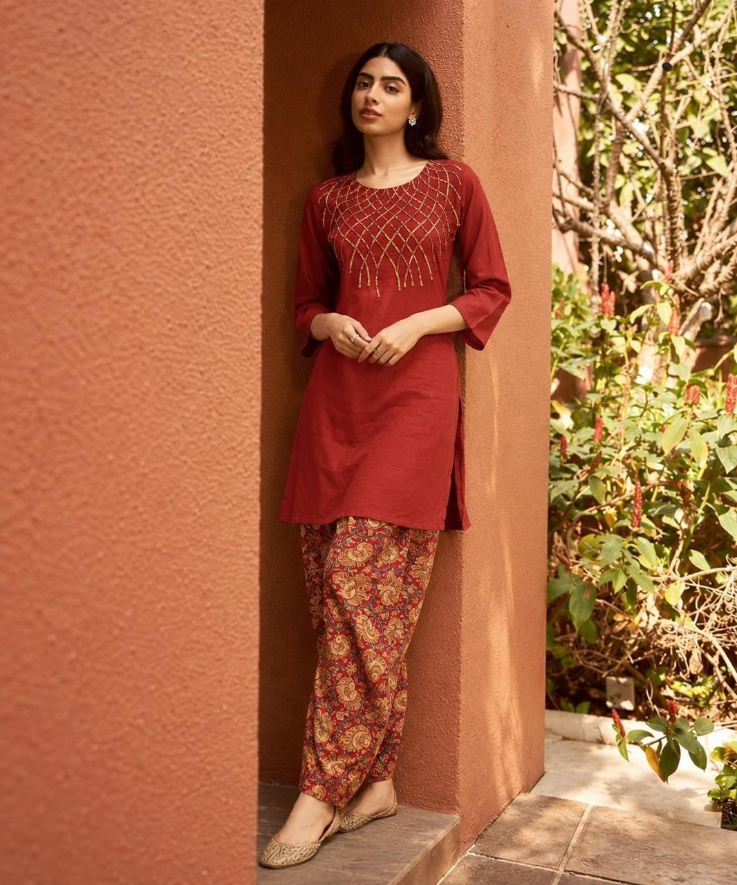 Pure cotton paired with Kalamkari farshi salwar in red