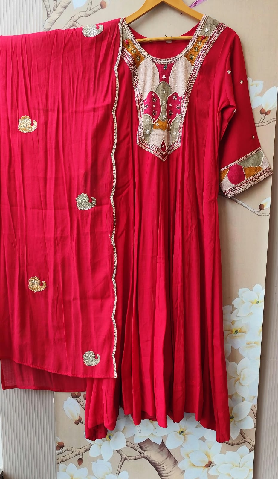 Pretty Mul chanderi in red with applique embroideryFull suit