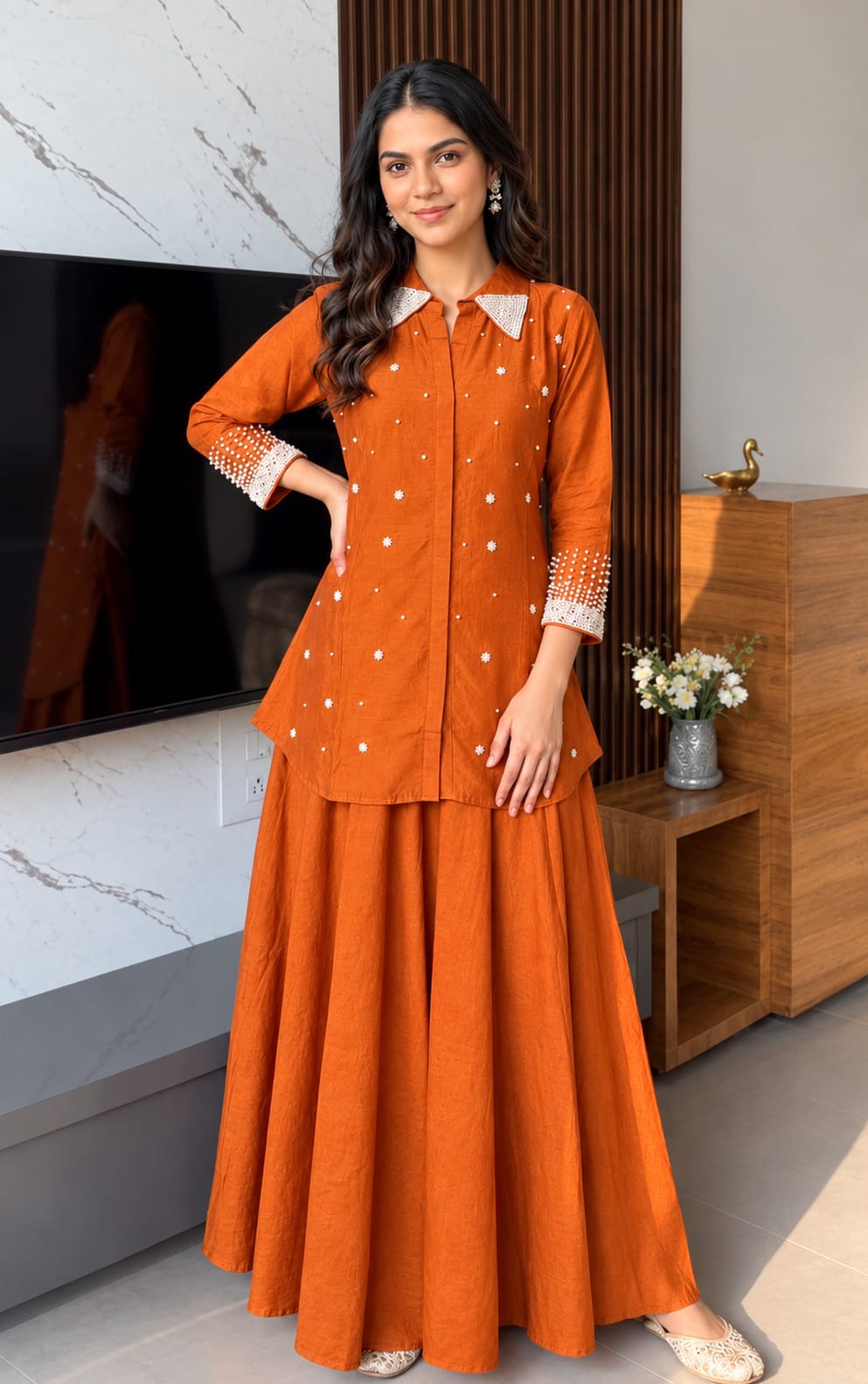 Premium Russian fabric with adda work plazzo co ord in orange