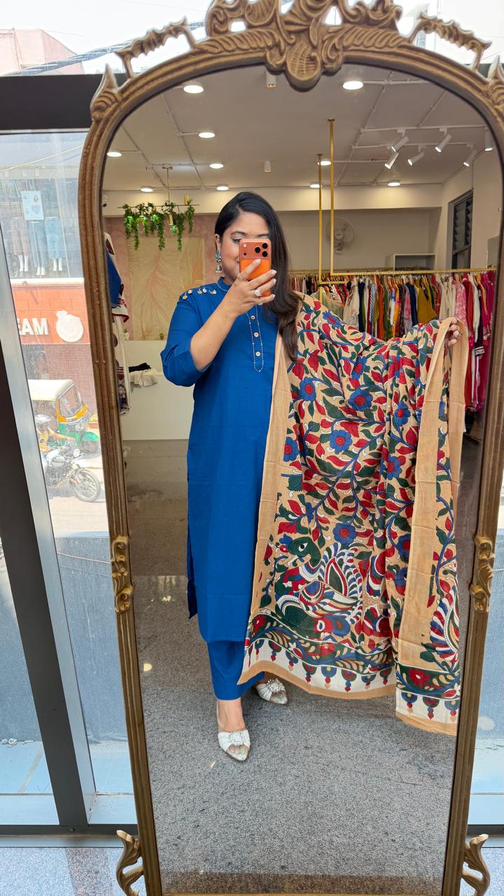 Premium pure cotton suit set paired with kalamkari dupatta