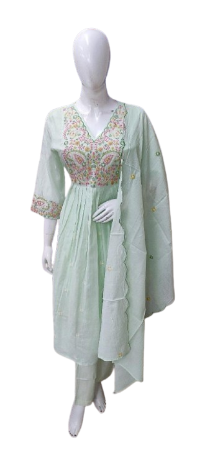 Beautiful Mul Chanderi embroidered suit set in mint green