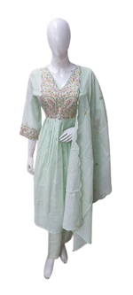Beautiful Mul Chanderi embroidered suit set in mint green