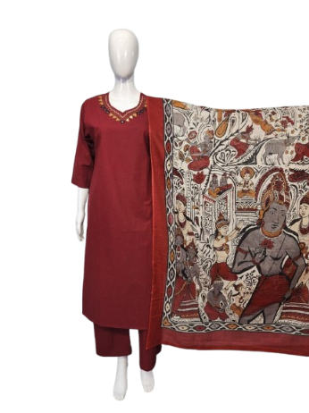 Pretty cotton suit set paired with Kota doria dupatta in red