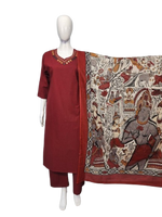 Pretty cotton suit set paired with Kota doria dupatta in red