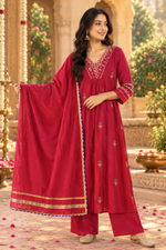 Pretty Mul chanderi designer full suit set in pink with fully embroidery all over