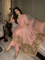 Soft linen chanderi with applique suit set in pink