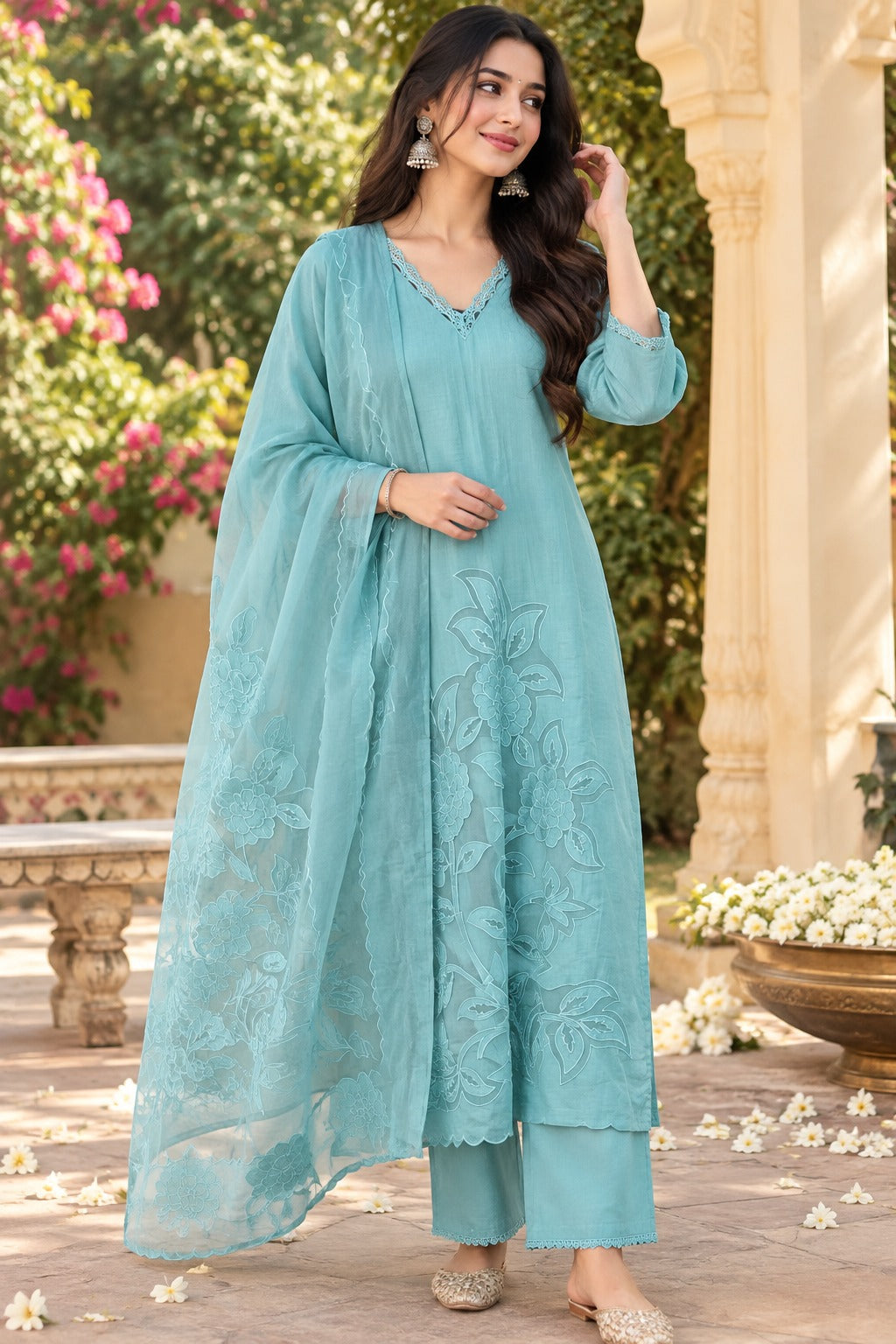 Pretty Mul chanderi cutwork suit set in blue