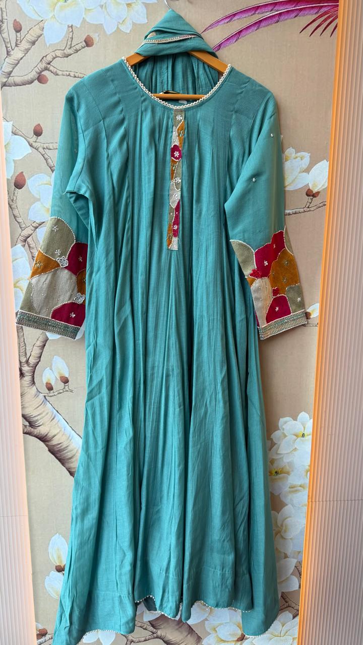 Pretty Mul chanderi full suit with beautiful handwork in blue