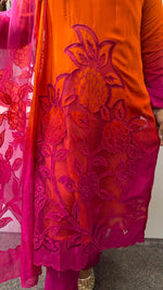 Mul silk lining suit set ombré with applique (slim fit) in orange n pink