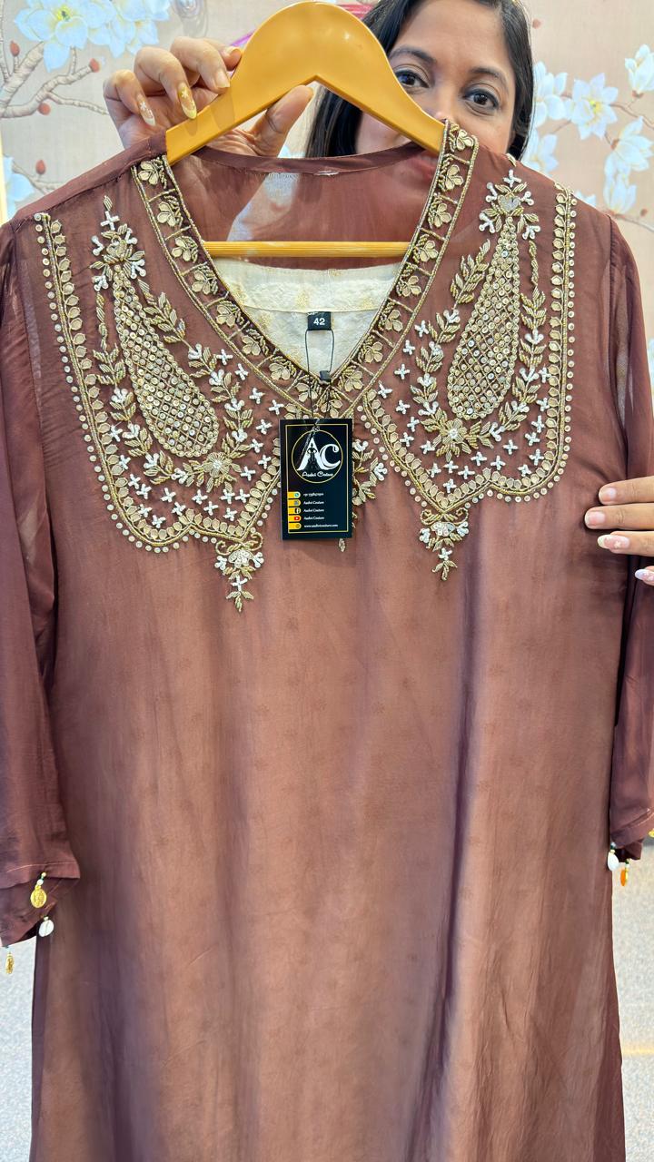 Pure orgenza with pretty handwork kurta pant in brown comes with Banarasi inner