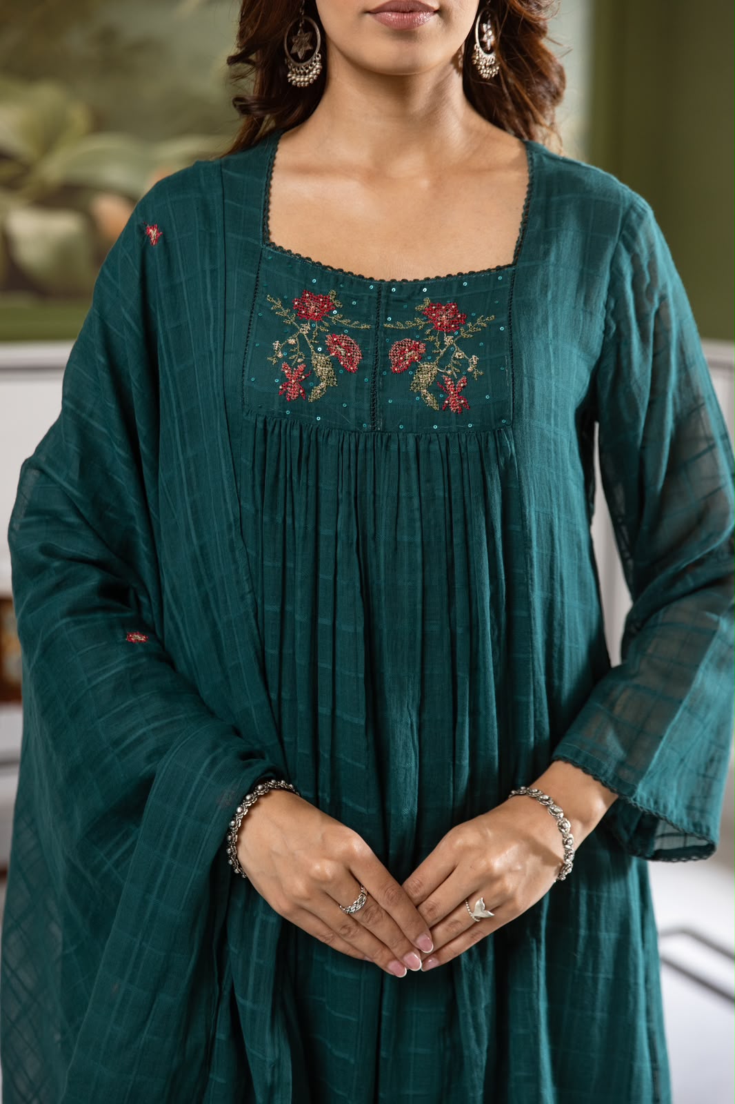 Pure Mul cotton Cheks suit set in teal