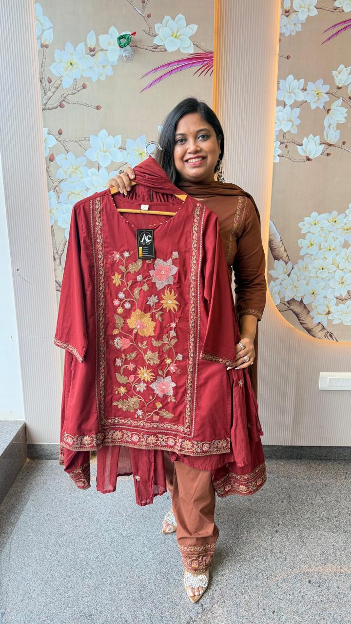 Pretty farshi salwar cotton embroidered suit set in red