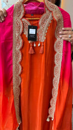 Premium pure crepe zari detailing full suit set( slim fit margin available) in orange