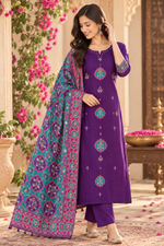 Pure crepe Patola print in contrast suit set in purple