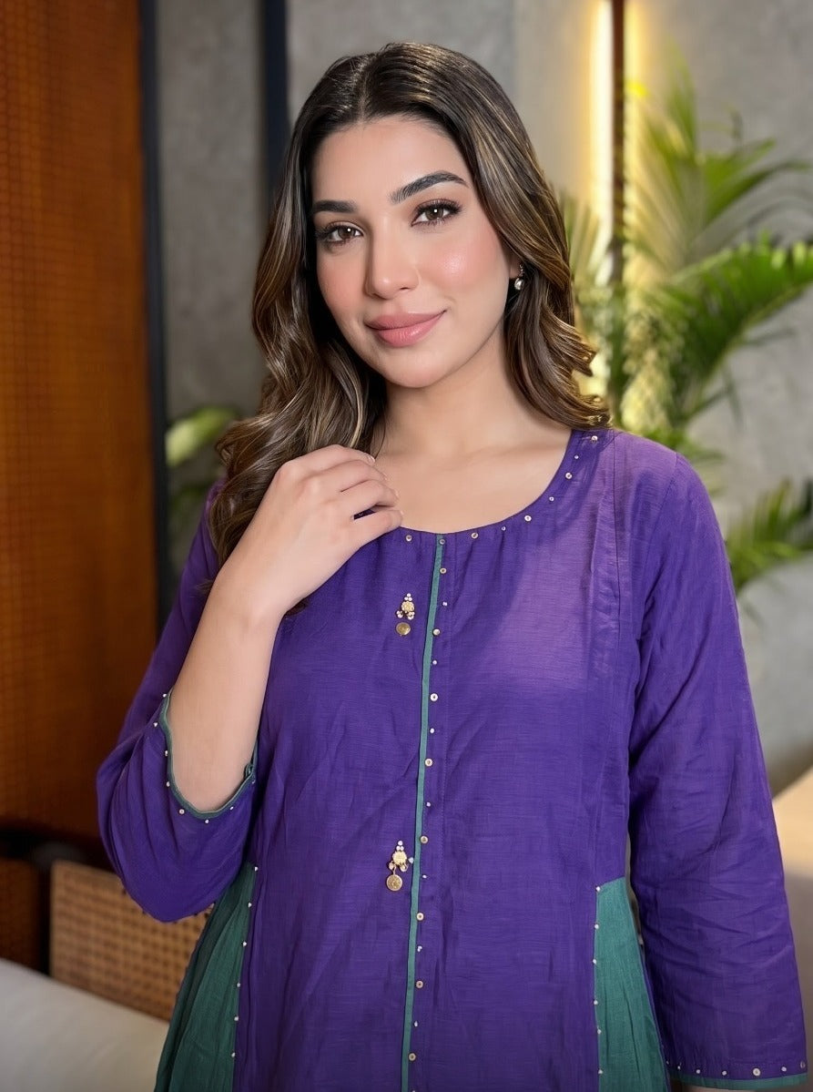 Premium pure Banarasi mul chanderi with lining and bead work in purple