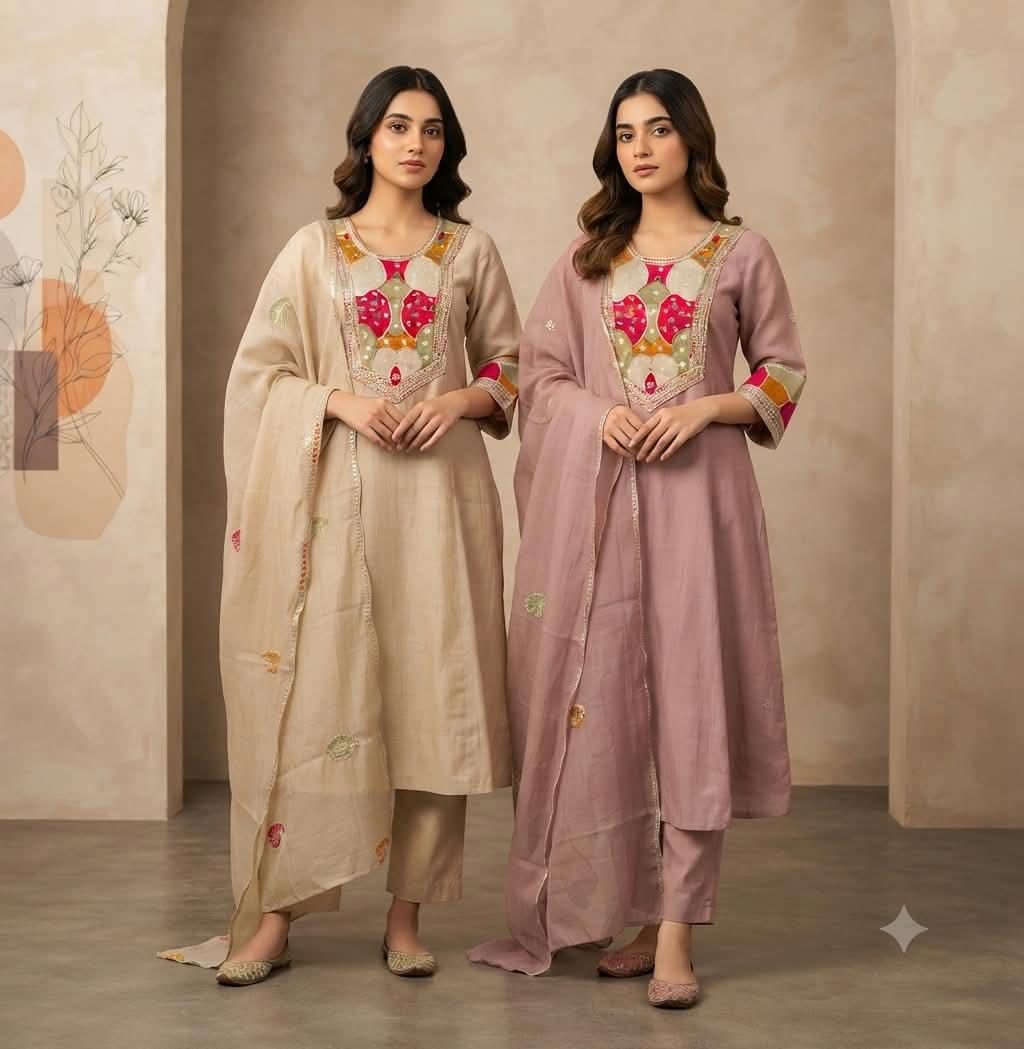Pretty Mul chanderi in purple with applique embroidery