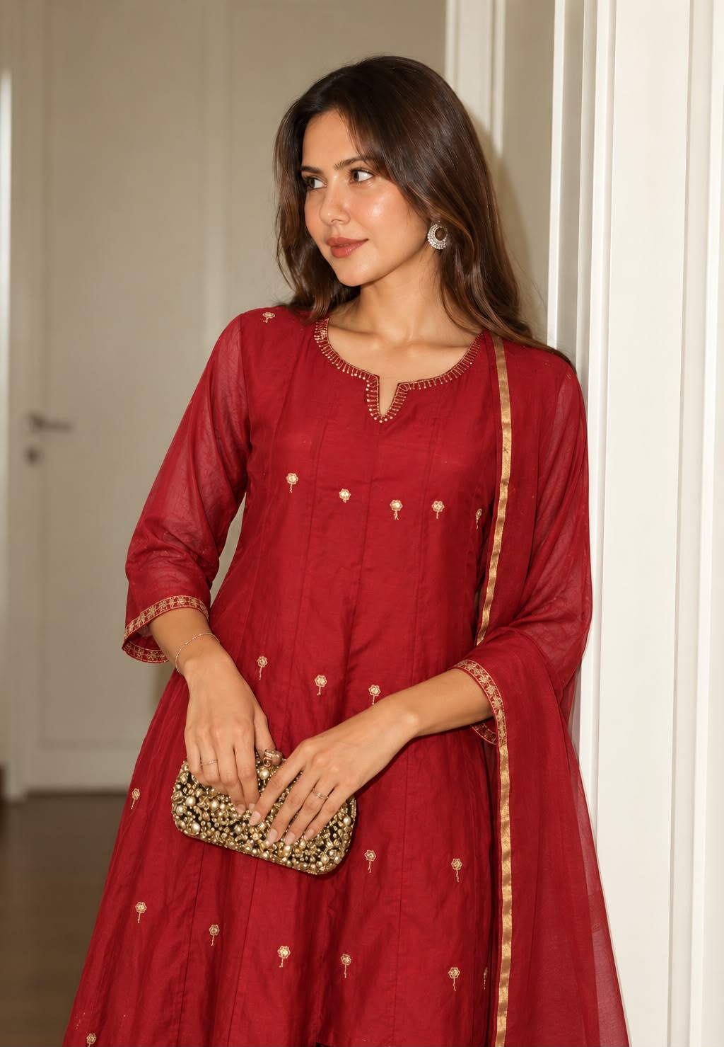 Pure Banarasi Mul chanderi with antique gold full suit set in red