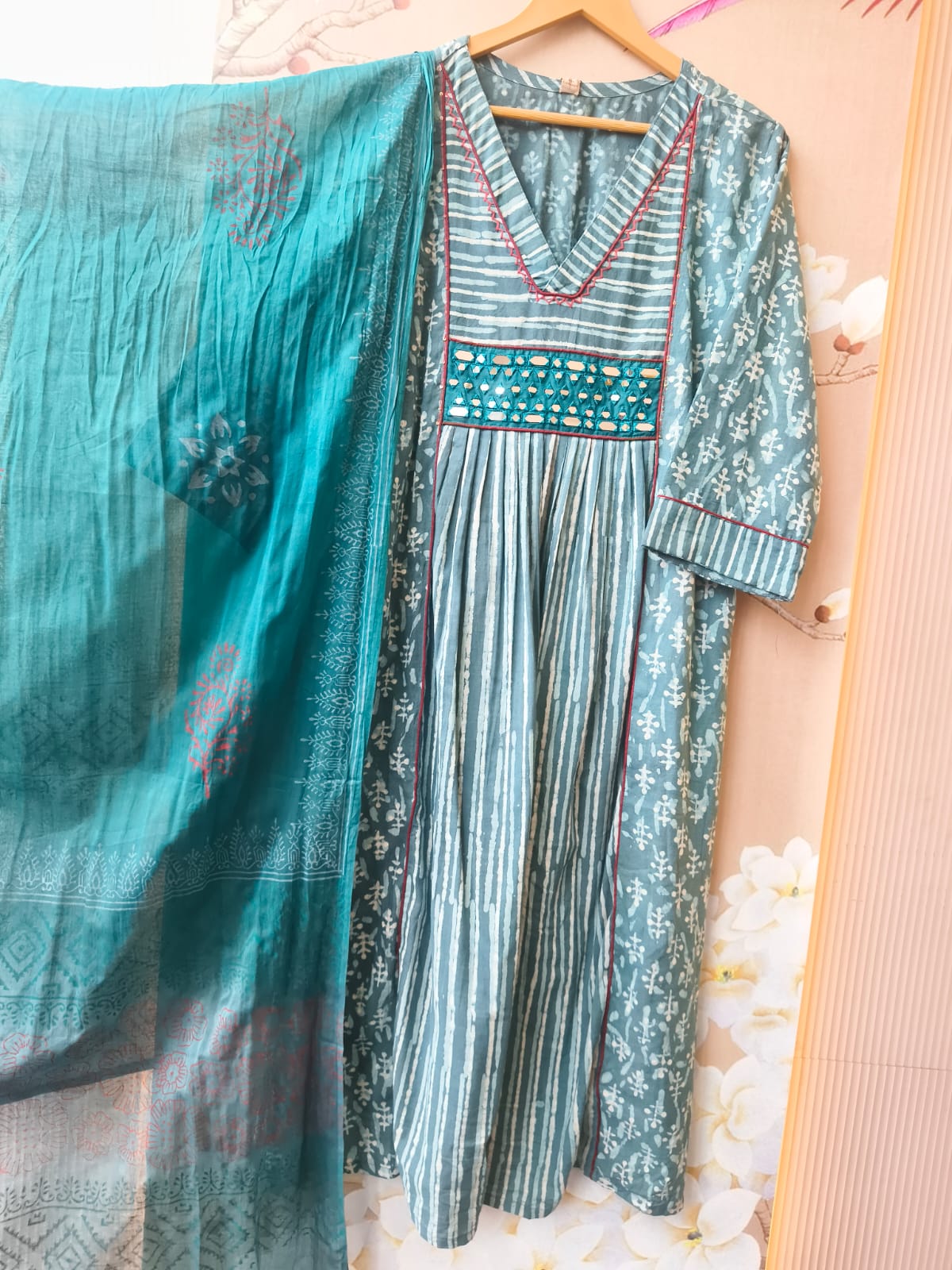 Pretty cotton real mirror block print dupatta set in rama