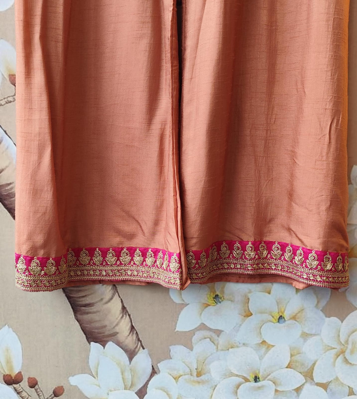 Russian silk full sequins peach suit with rani pink highlight