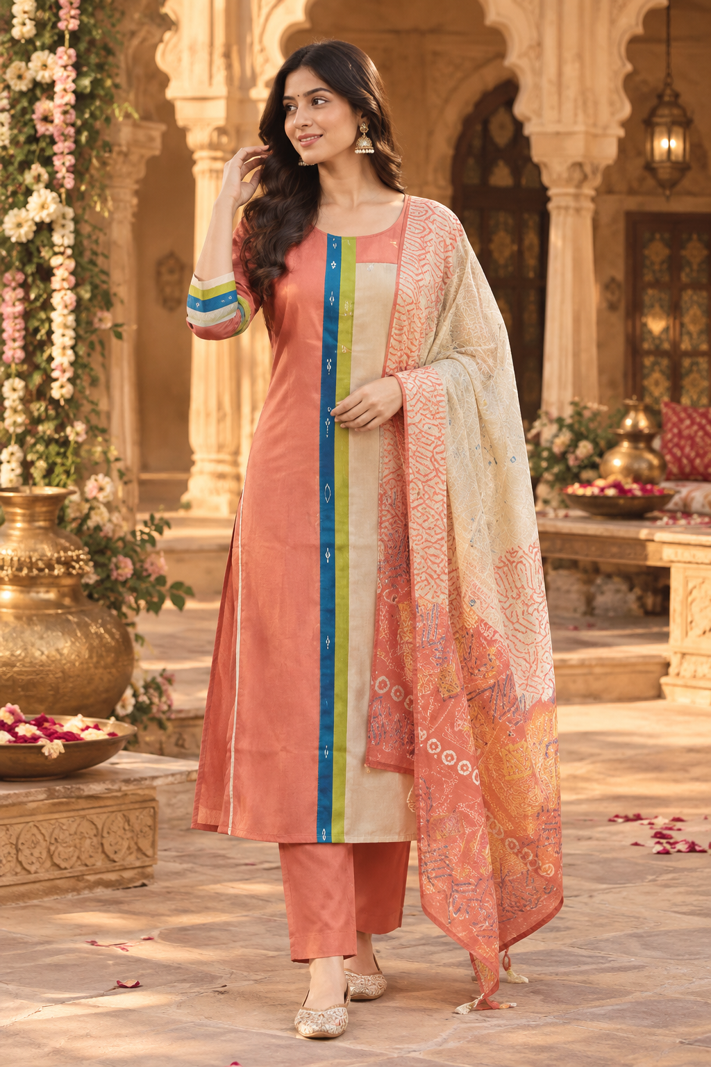 Pretty Mul chanderi with real mirror detailing suit set in orange (slim fit )