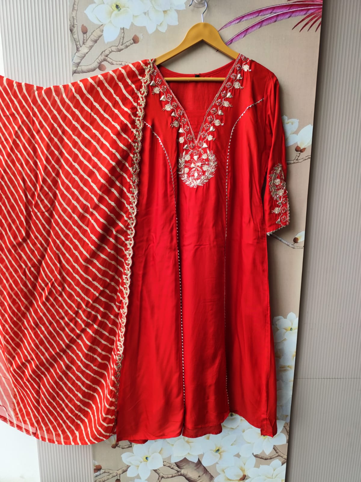 Premium dola silk with gotta detailing paired with pure orgenza dupatta in red