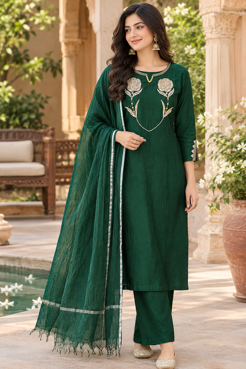 Wow designer applique bottle green suit set in pure Mul chanderi