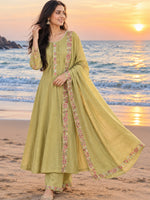 Pretty blue chanderi handwork Anarkali suit set in green