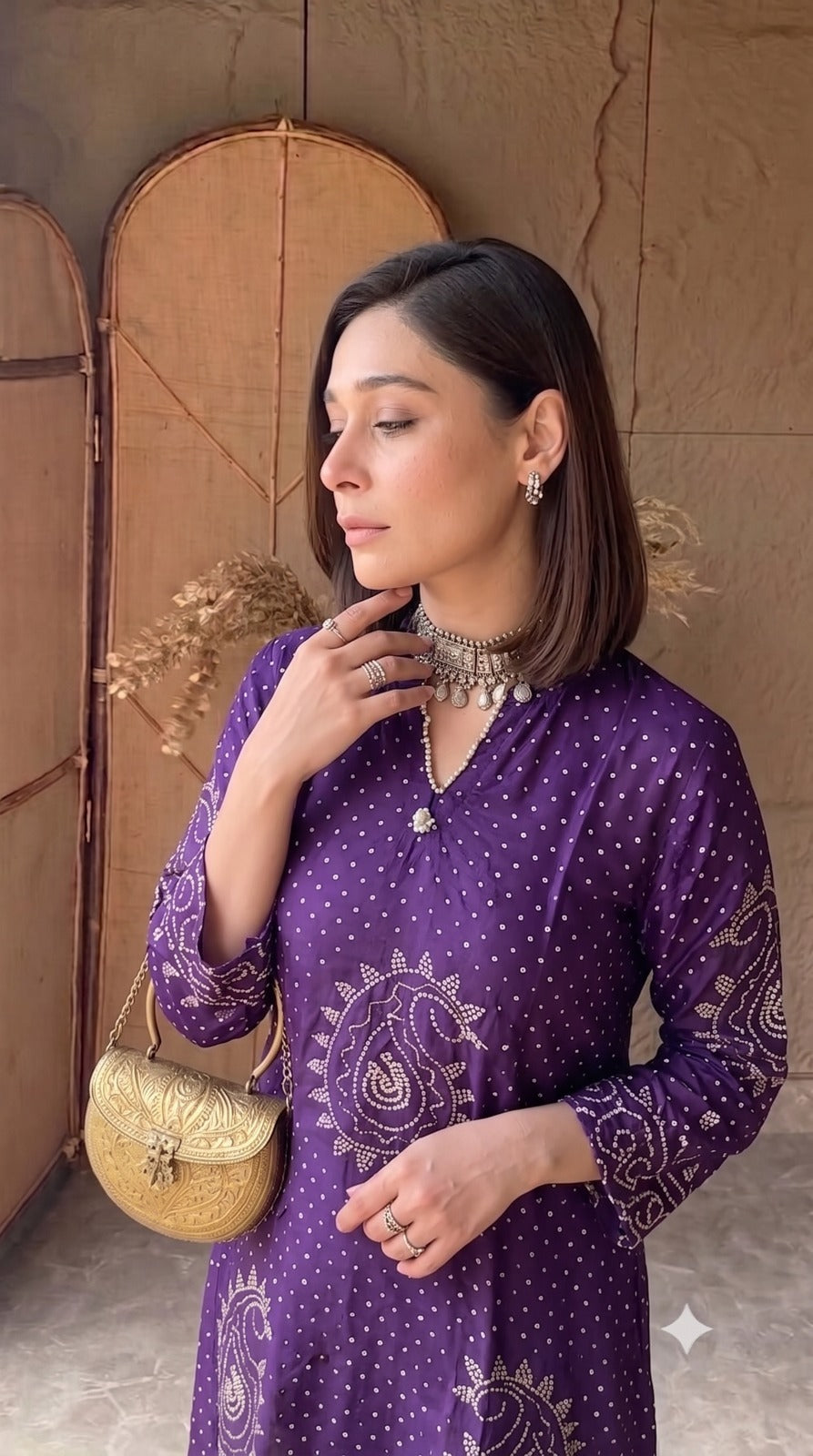 Pretty gaji silk purple bandhani kurta pant