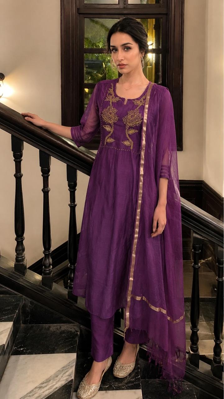 Super soft and comfortable true to size Mul Chanderi detailing suit set in purple