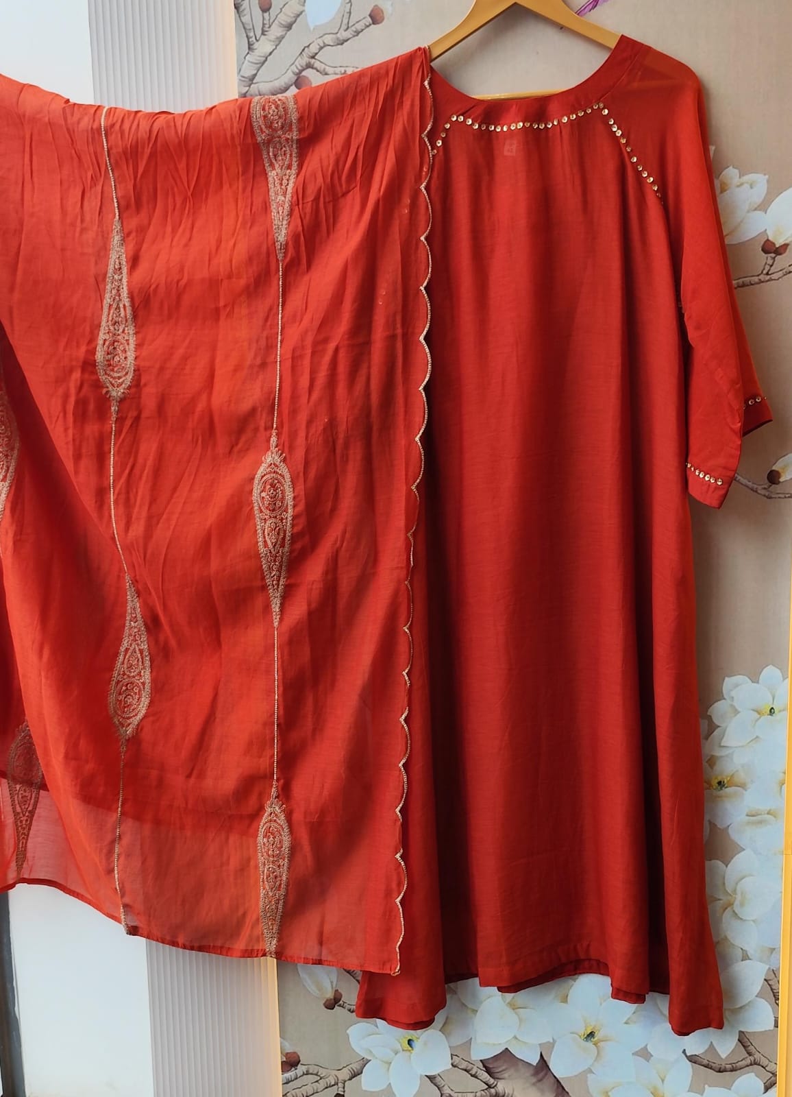 Pure Banarasi Mul chanderi with zari detailing on the dupatta in orange