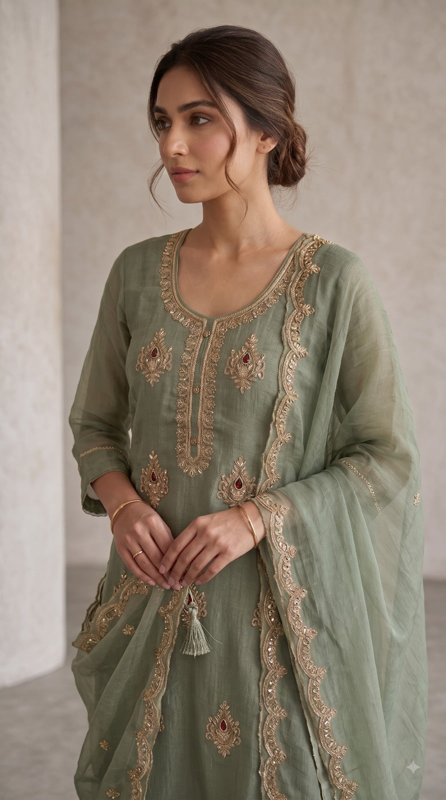 Pretty embellished salsa lining suit set ( true to size ) in green