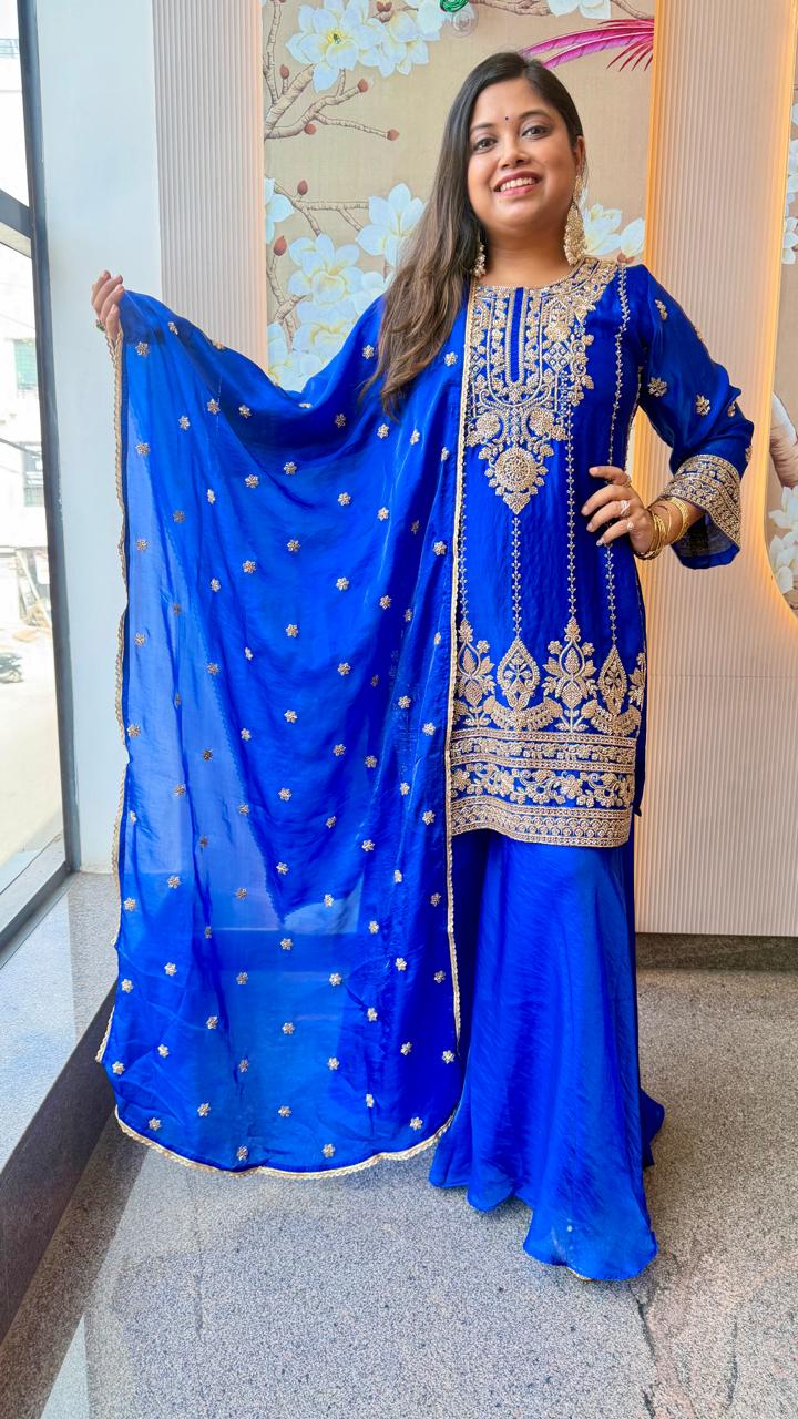 Royal Premium glass tissue handwork plaazo suit in blue