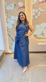 Premium denim cotton skirt with pocket with waist coat pattern top