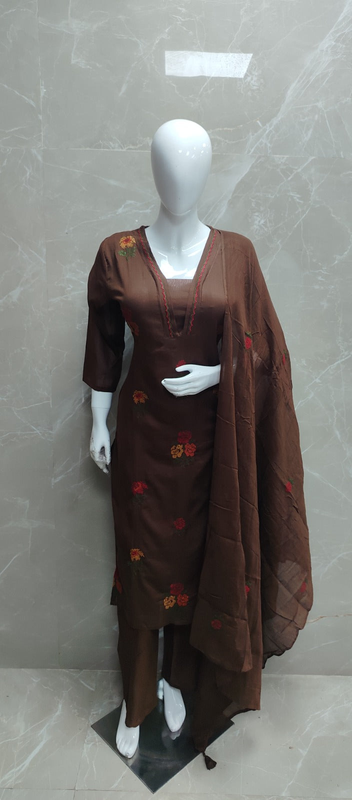 Premium brown colour embroidery Mul cotton full suit set