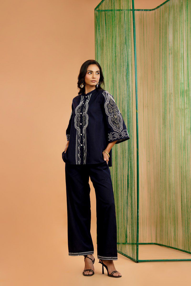 Soft denim look cottton embroidered Co ord set