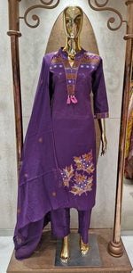 Fully embroidered cotton suit set in purple