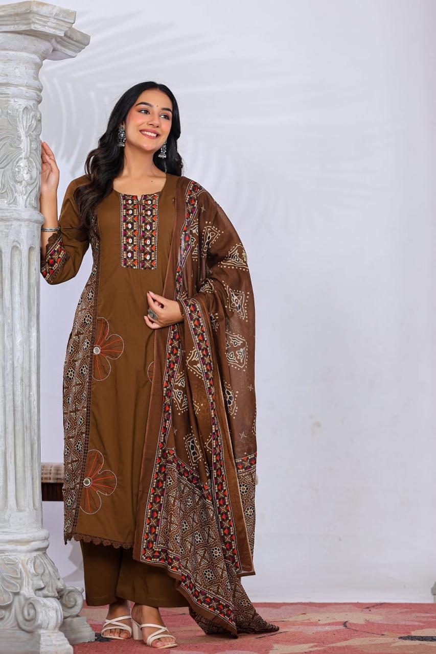 Super pretty ajrakh cotton suit set in brown