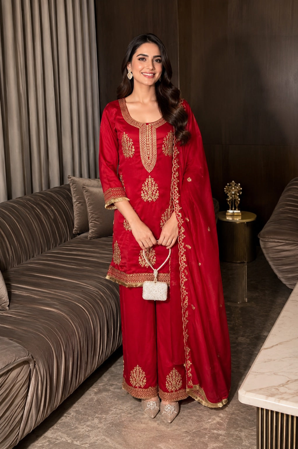 Pretty red zari detailing suit set in red