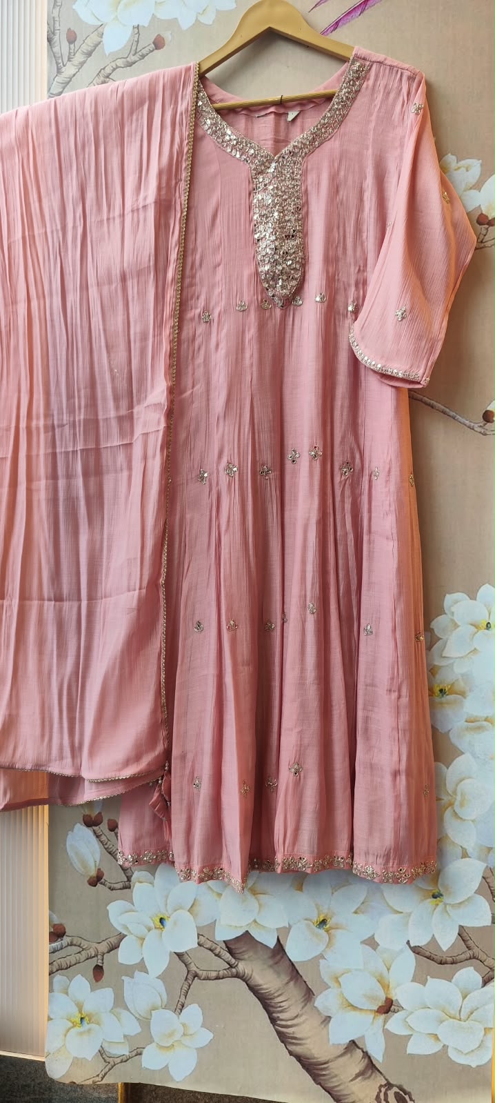 Premium Mul chanderi handwork full suit set in pink