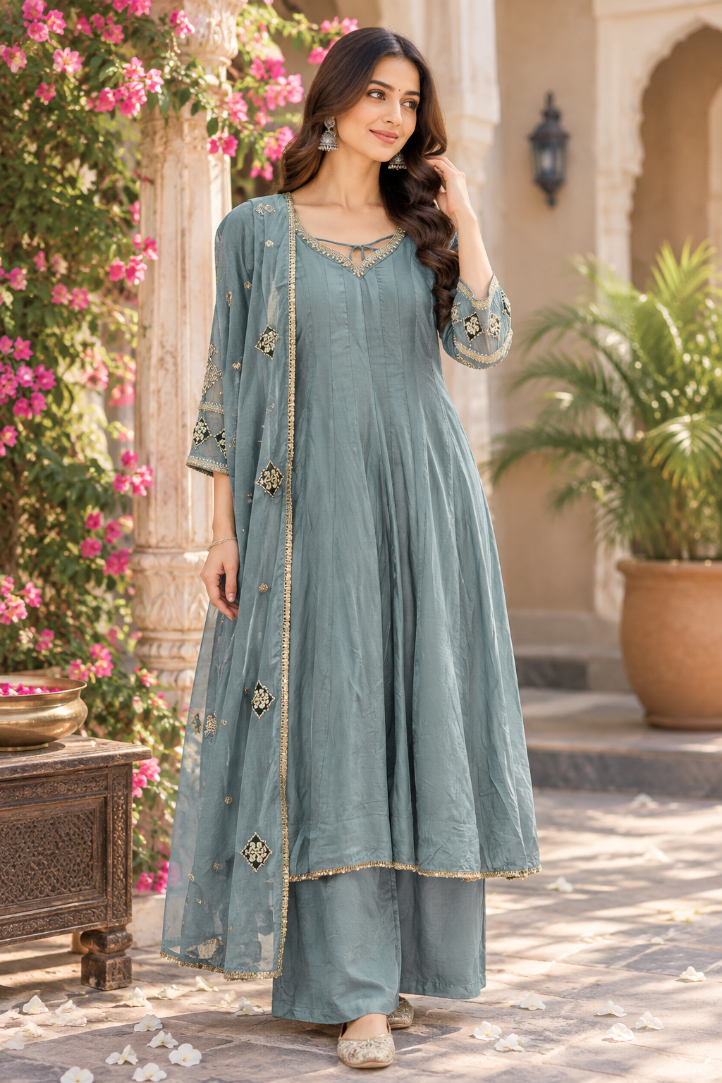 Premium zardosi handwork ice blue Anarkali full suit set