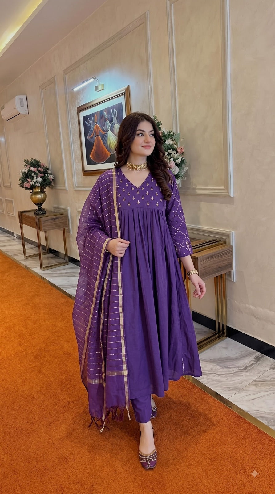 Pretty pretty pure Mul chanderi with antique gold detailing in purple