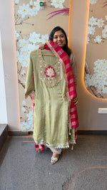 Super gorgeous tissue (slim fit) in green suit set with real mirror n pearl detailing suit set
