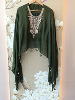 Pretty chinon hand word kaftan paired with brocade plazzo pants in green