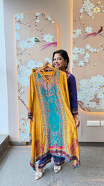 Premium smart pure crepe co ord set in yellow n blue