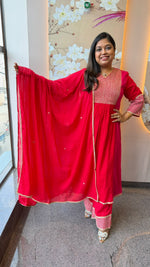 Premium Mul cotton zari detailing suit set in red n pink