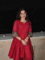 Festive co ord with real mirror and ajrakh detailing farshi salwar in red
