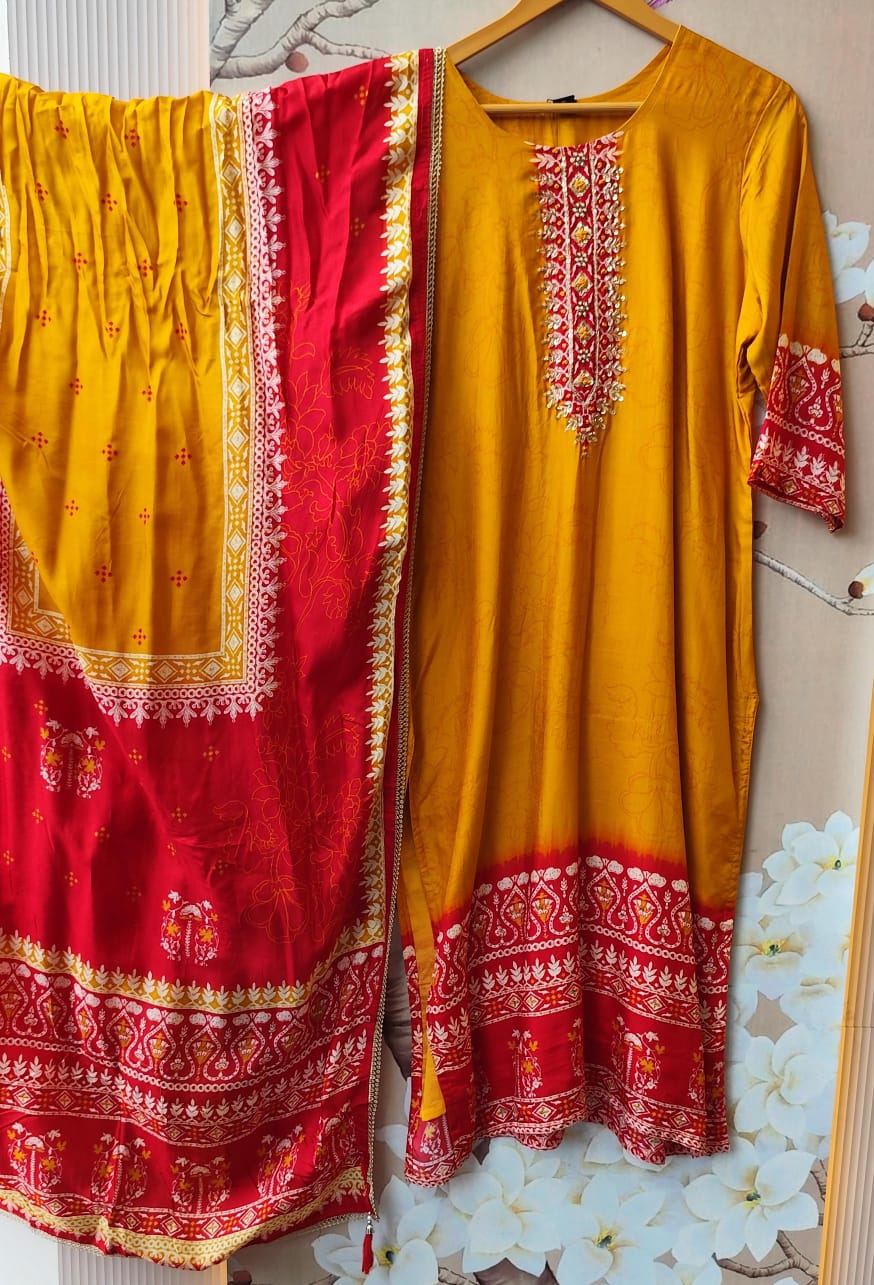 Russian silk yellow n red suit set