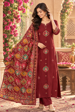 Pure crepe Patola print in contrast suit set in red