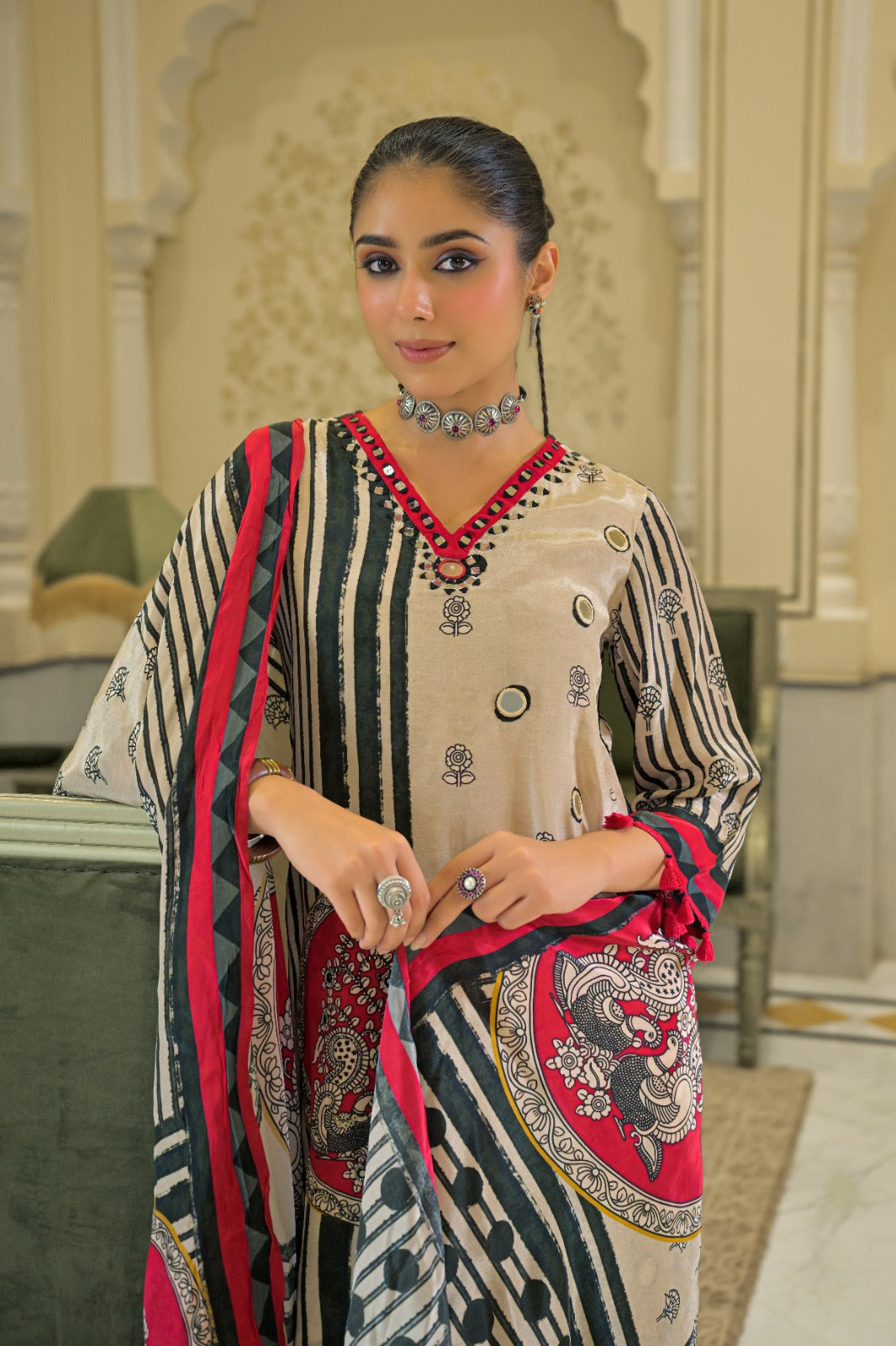 Pure crepe real mirror plazzo set in beige n red